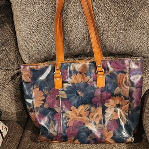 Floral Leather Tote Bag - Blue and Tan